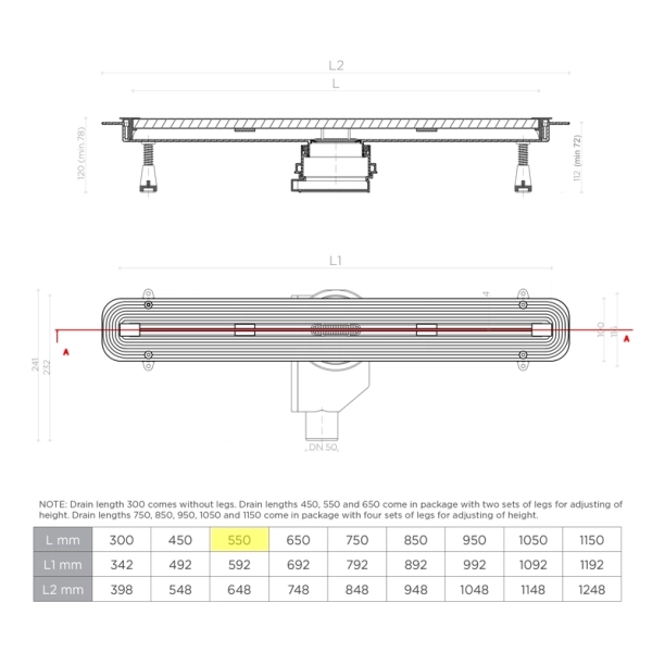 Confluo Slim Line Γραμμικό Κανάλι Ντουζιέρας 55cm, Inox