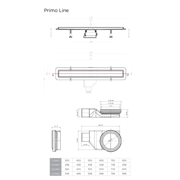 Confluo Compact Primo Line Γραμμικό Κανάλι Ντουζιέρας 85cm, Inox