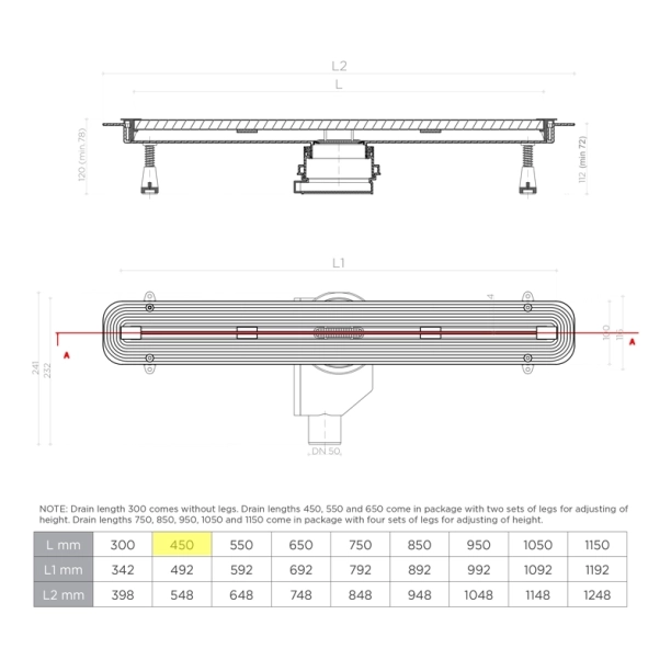 Confluo Slim Line Γραμμικό Κανάλι Ντουζιέρας 45cm, Inox
