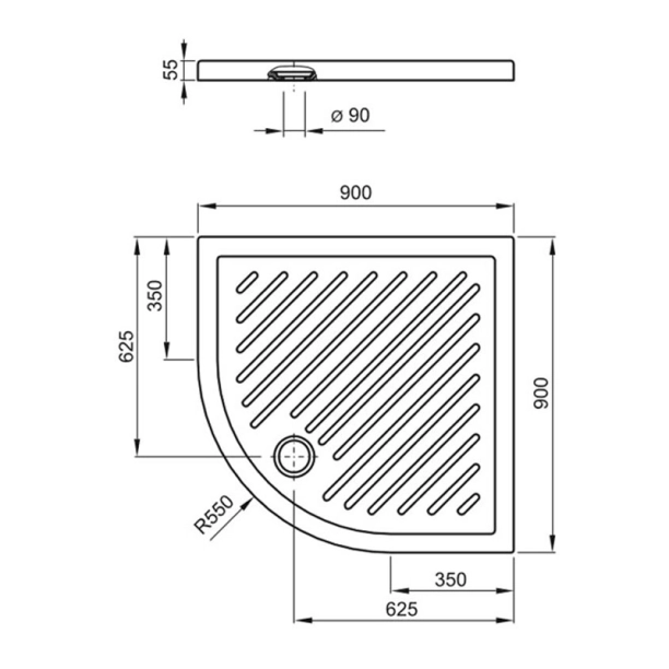 Ντουζιέρα Roca Roma Πορσελάνης 90x90x5,5 Ημικυκλική