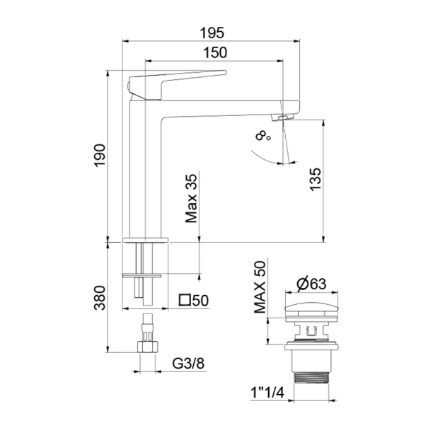 Fiore Dark 140NN4416 Μπαταρία Νιπτήρος, μαύρο ματ