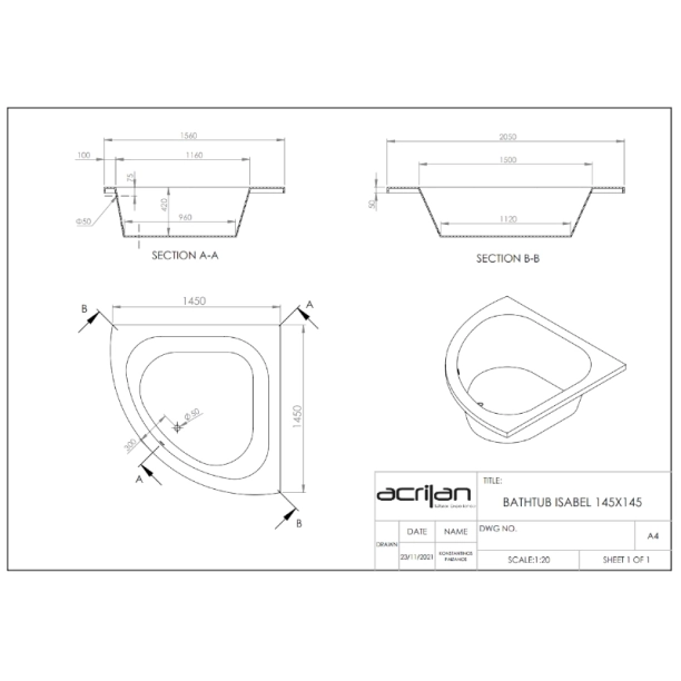 Μπανιέρα γωνιακή Isabel 1,45x1,45
