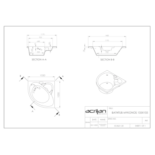 Μπανιέρα γωνιακή Mykonos 1,05x1,05 2