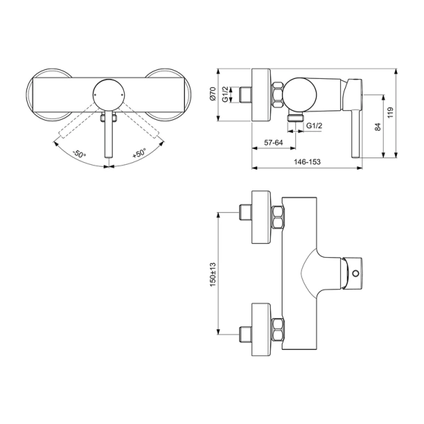 Ideal Standard Ceraline BC200AA Μπαταρία Ντους - Κορμός, χρωμέ