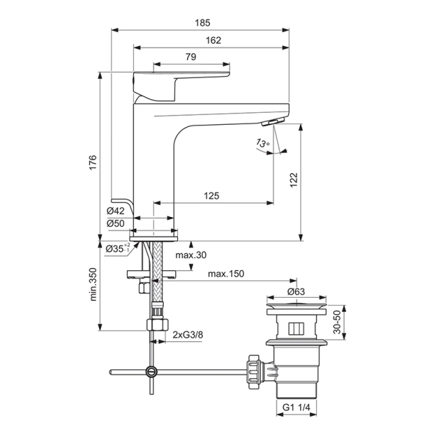 Ideal Standard Cerafine O BC496AA Μπαταρία Νιπτήρος, χρωμέ