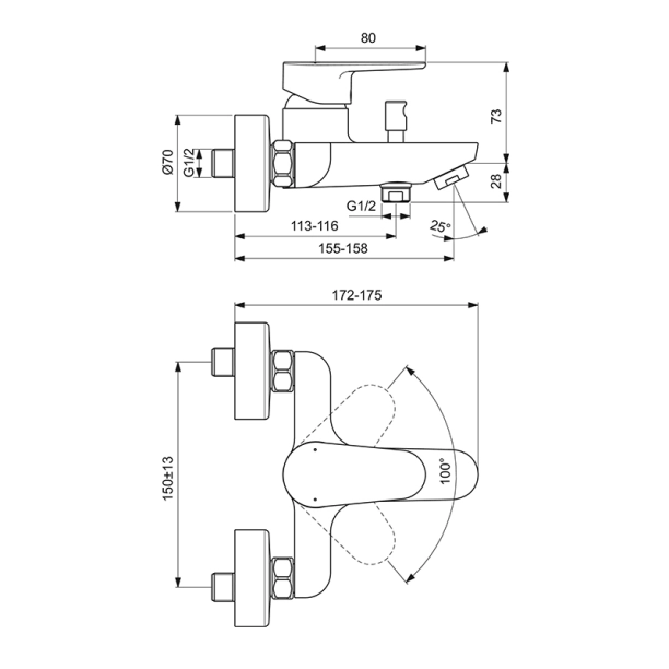Ideal Standard Cerafine O BC500AA Μπαταρία Λουτρού - Κορμός, χρωμέ