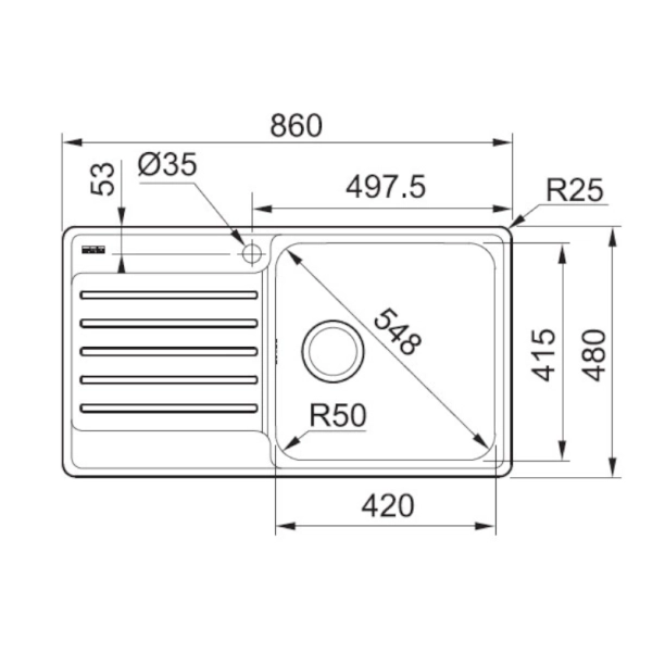 Franke Bell 611 νεροχύτης ένθετος inox με ποδιά αριστερά 86x48cm