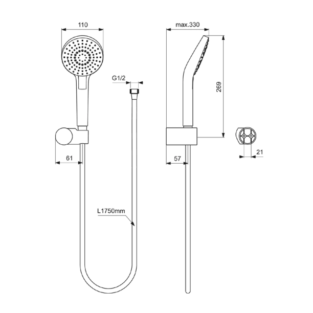 Ideal Standard Idealrain EVO Round B2618AA Τηλέφωνo Ντους 3 ροών με Σπιράλ και Στήριγμα, Χρωμέ