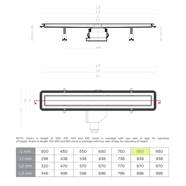 Confluo Premium Line Γραμμικό Κανάλι Ντουζιέρας 85cm, Inox
