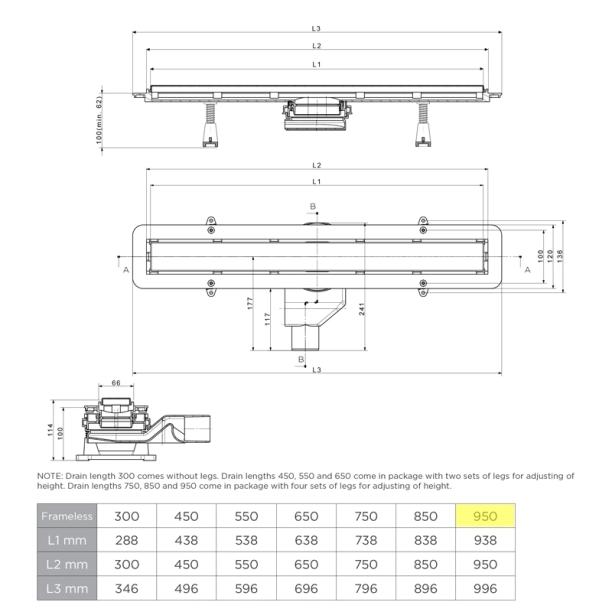 Confluo Frameless Line Γραμμικό Κανάλι Ντουζιέρας 95cm, Inox
