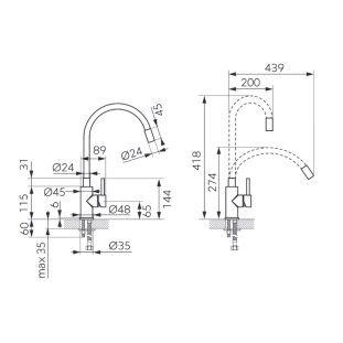 Μπαταρία Κουζίνας Ferro Zumba inox βάση με εύκαμπτο μαύρο ρουξούνι 2