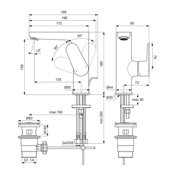Ideal Standard Cerafine O BC497AA Μπαταρία Νιπτήρος, χρωμέ