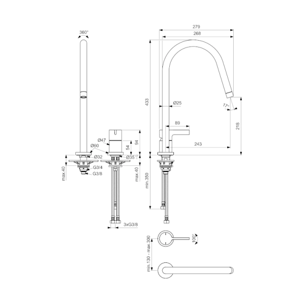 Μπαταρία Κουζίνας Ideal Standard Gusto Silver Storm BD422GN