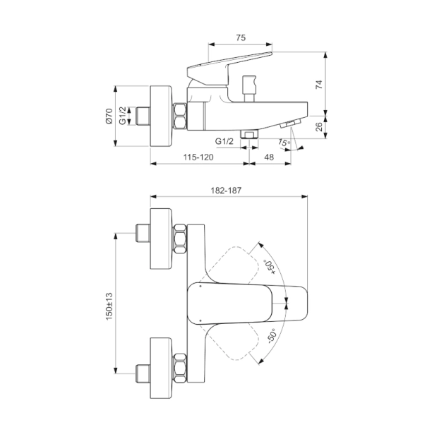 Ideal Standard Ceraplan BD256AA Μπαταρία Λουτρού - Κορμός, χρωμέ