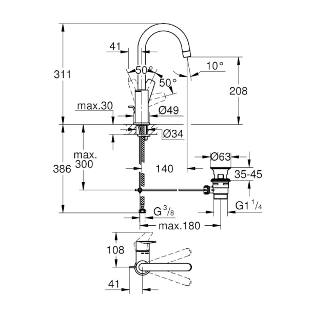 Grohe Bauedge 23760001 Μπαταρία Νιπτήρος Καμπύλη, χρωμέ