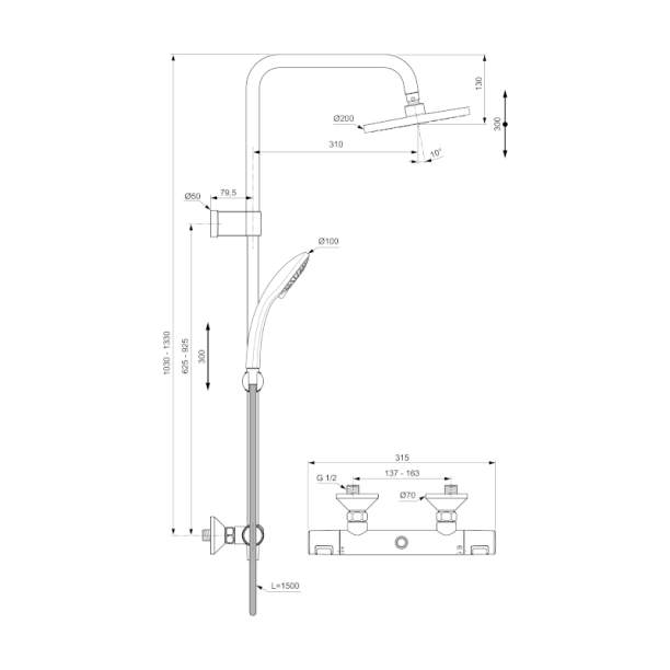 Ideal Standard Ceratherm T25 - Α7701ΑΑ - Στήλη Ντους Με Θερμοστατική Μπαταρία, Χρωμέ