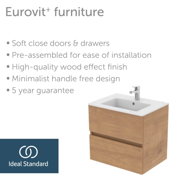 Ideal Standard Eurovit+/Tempo 60 Σετ Έπιπλο Μπάνιου με Νιπτήρα, Natural Oak