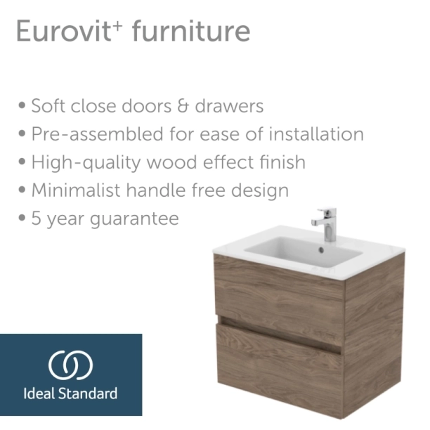 Ideal Standard Eurovit+/Tempo 60 Σετ Έπιπλο Μπάνιου με Νιπτήρα, Flint Hickory