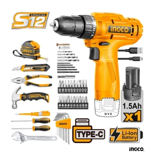 Ingco Εργαλεία Χειρός + Δραπανοκατσάβιδο Μπαταρίας 12V Σετ 89 τεμ. HKTHP10891