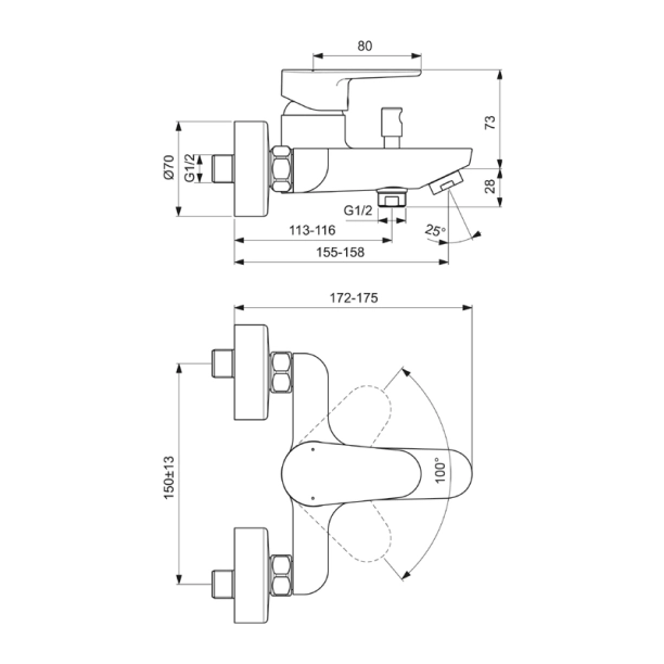 Ideal Standard Cerafine O BC500XG Μπαταρία Λουτρού - Κορμός, Silk Black