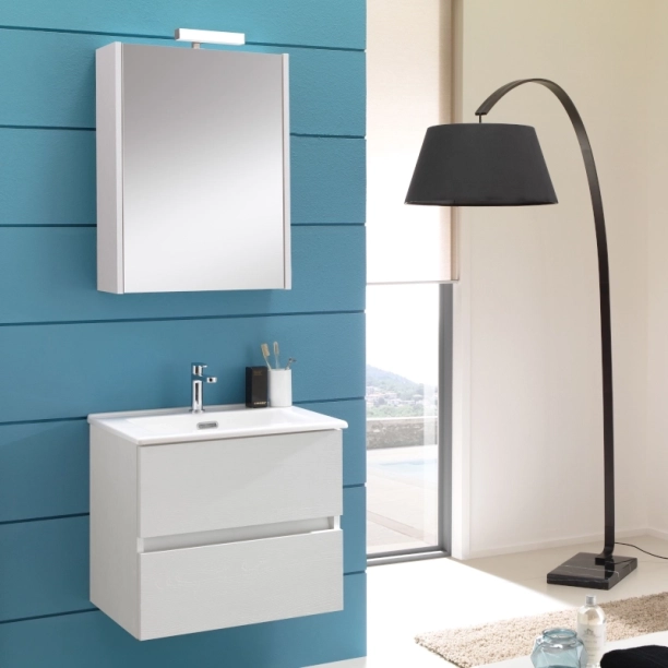 Σετ Έπιπλο 60cm Kora Ash Wood White με Νιπτήρα, Ντουλάπι Καθρέπτη και Φωτιστικό