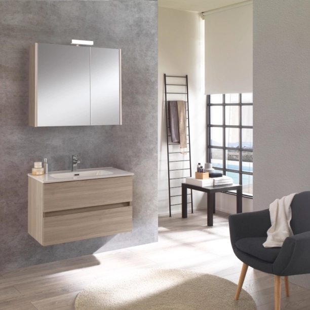 Σετ Έπιπλο 80cm Kora Elm Rousseau με Νιπτήρα, Ντουλάπι Καθρέπτη και Φωτιστικό