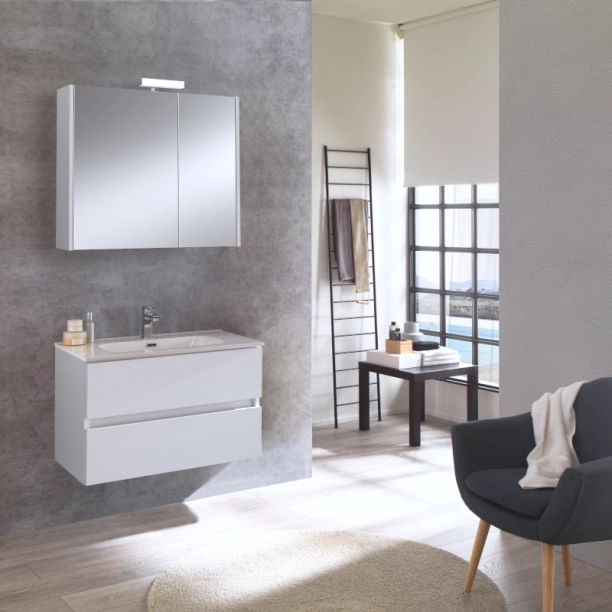 Σετ Έπιπλο 80cm Kora Ash Wood White με Νιπτήρα, Ντουλάπι Καθρέπτη και Φωτιστικό