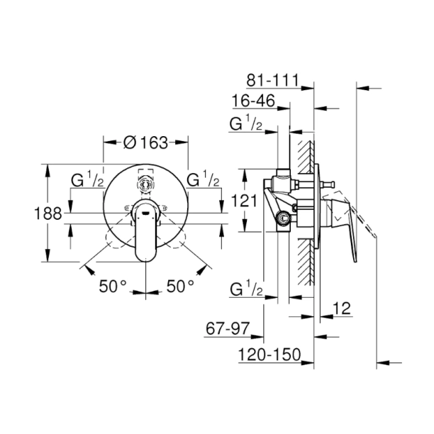 Grohe Eurosmart Cosmopolitan Πλήρες Σύστημα Εντοιχιζόμενης Μπαταρίας Λουτρού, χρωμέ