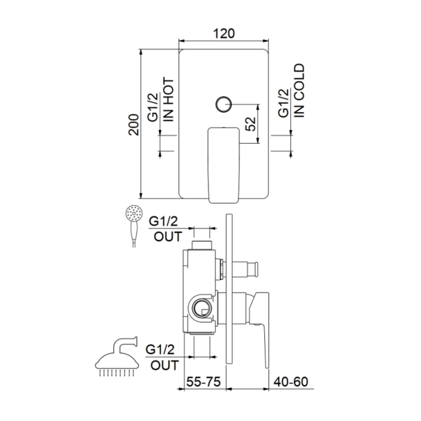 Fiore Dark 140CR7512 Πλήρες Σύστημα Εντοιχιζόμενης Μπαταρίας λουτρού, χρωμέ